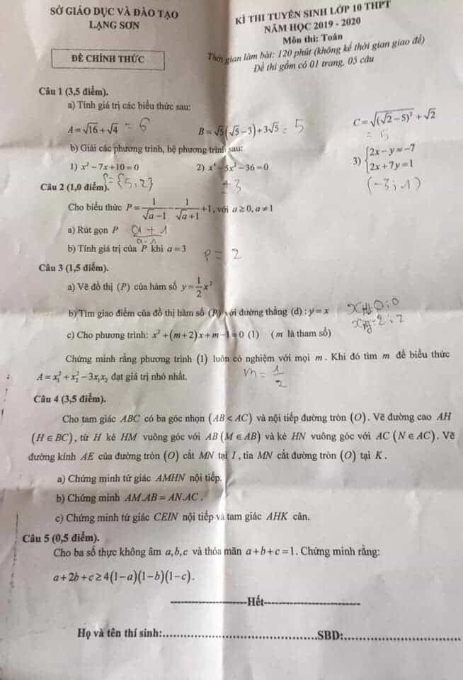 Đề thi vào 10 môn Toán tỉnh Lạng Sơn năm 2019-2020