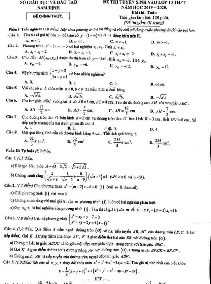 Đề thi vào 10 môn Toán tỉnh Nam Định năm 2019-2020 có đáp án