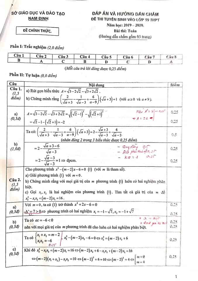 Đề thi vào 10 môn Toán tỉnh Nam Định năm 2019-2020 có đáp án