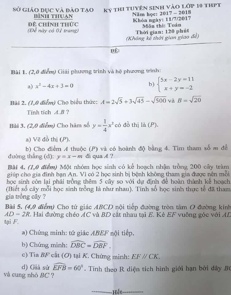 Đề thi vào 10 môn Toán tỉnh Bình Thuận 2017-2018