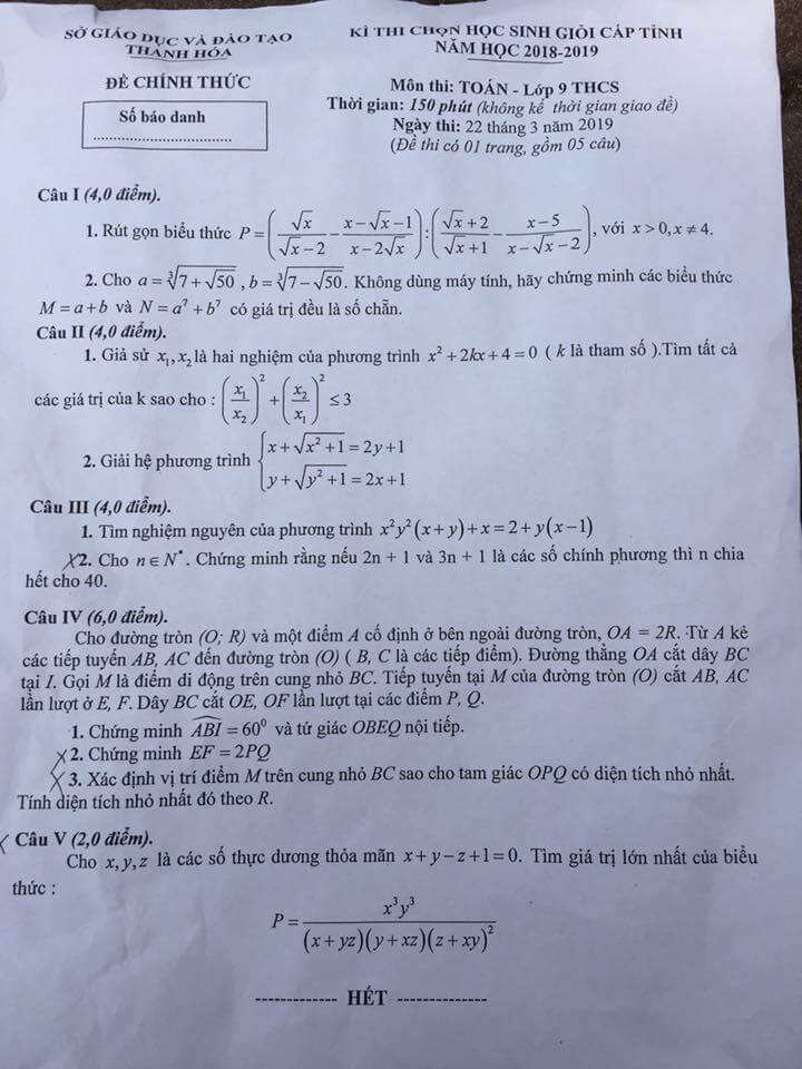 Đề thi HSG môn Toán lớp 9 tỉnh Thanh Hóa 2018-2019