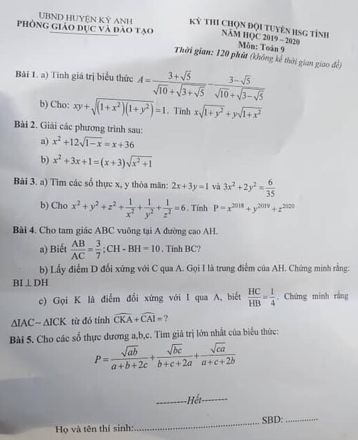 Đề thi HSG môn Toán lớp 9 huyện Kỳ Anh 2018-2019