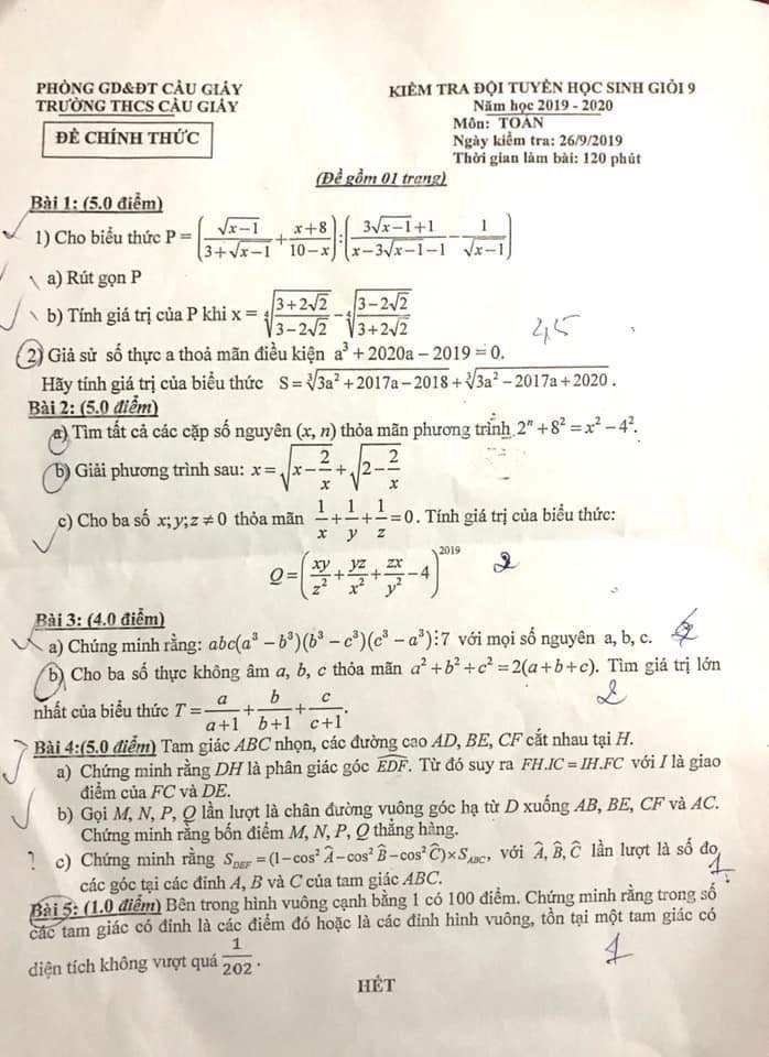 Đề kiểm tra đội tuyển HSG môn Toán 9 THCS Cầu Giấy 2019-2020
