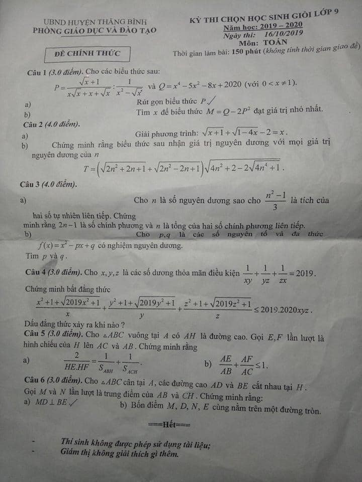Đề thi chọn HSG lớp 9 môn Toán huyện Thăng Bình 2019-2020