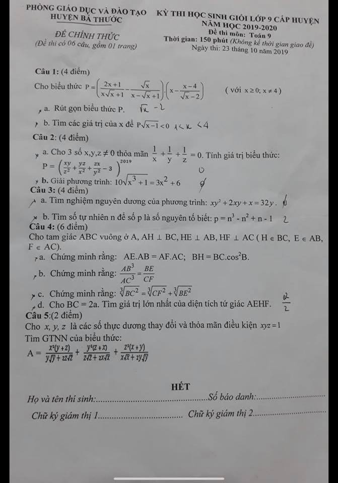 Đề thi HSG lớp 9 môn Toán huyện Bá Thước 2019-2020