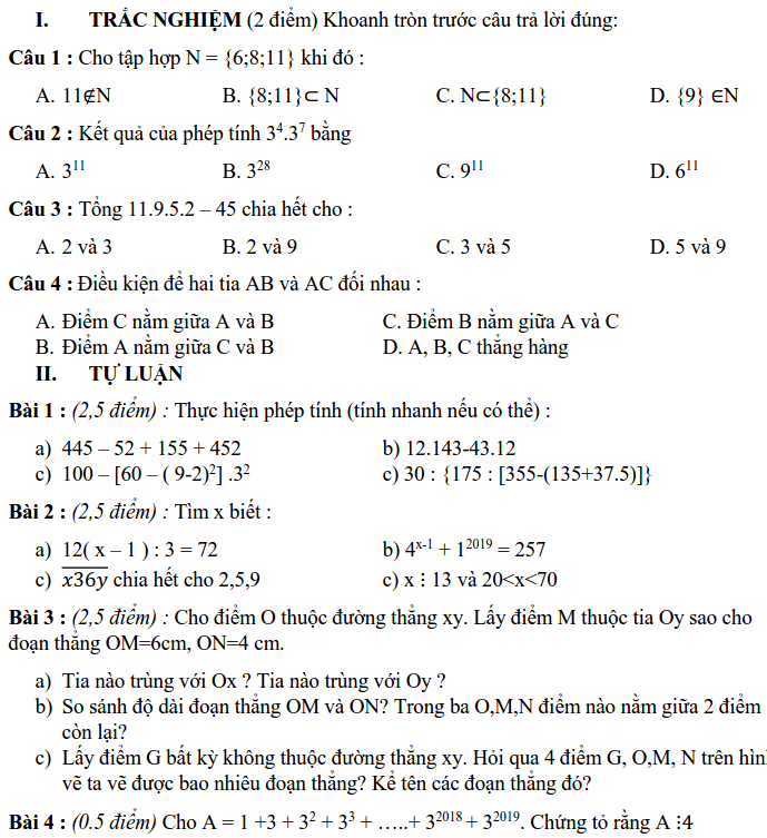 Đề KSCL giữa HK1 môn Toán 6 THCS Phan Đình Giót 2019-2020