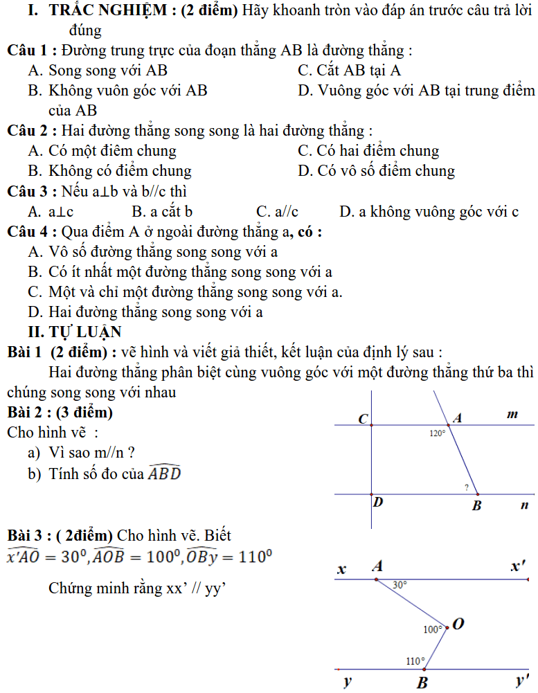 Đề kiểm tra 45 phút Hình học 7 THCS Đại Phúc 2019-2020