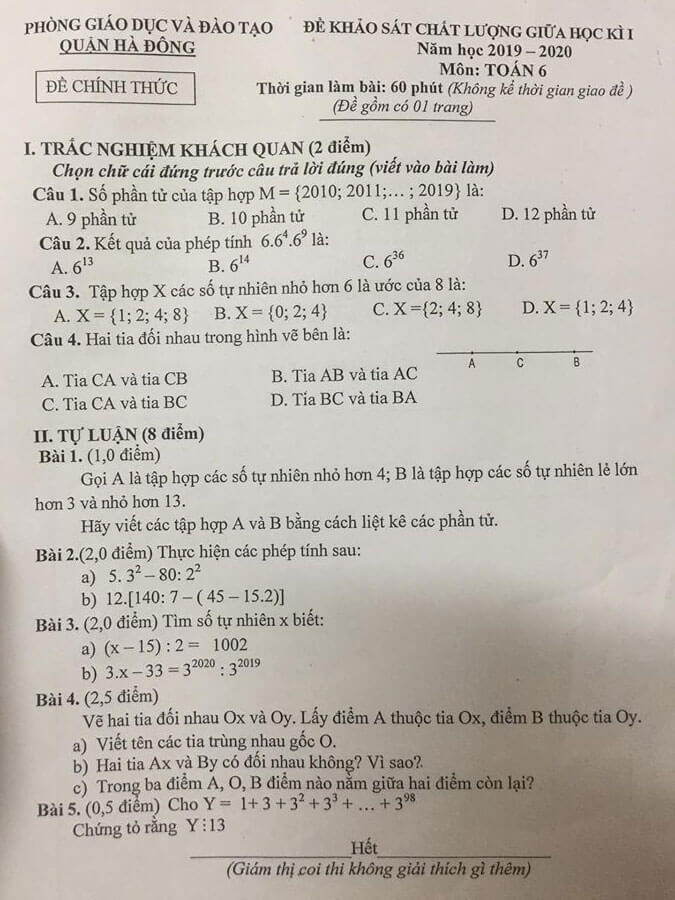 Đề KSCL giữa HK1 môn Toán 6 quận Hà Đông 2019-2020