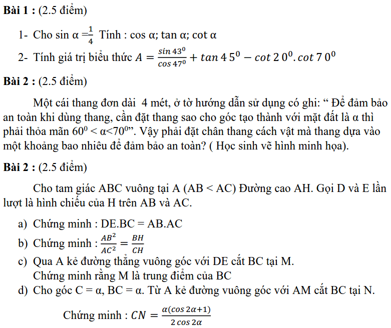 Đề kiểm tra 45 phút chương 1 Hình học 9 THCS Giảng Võ 2019-2020