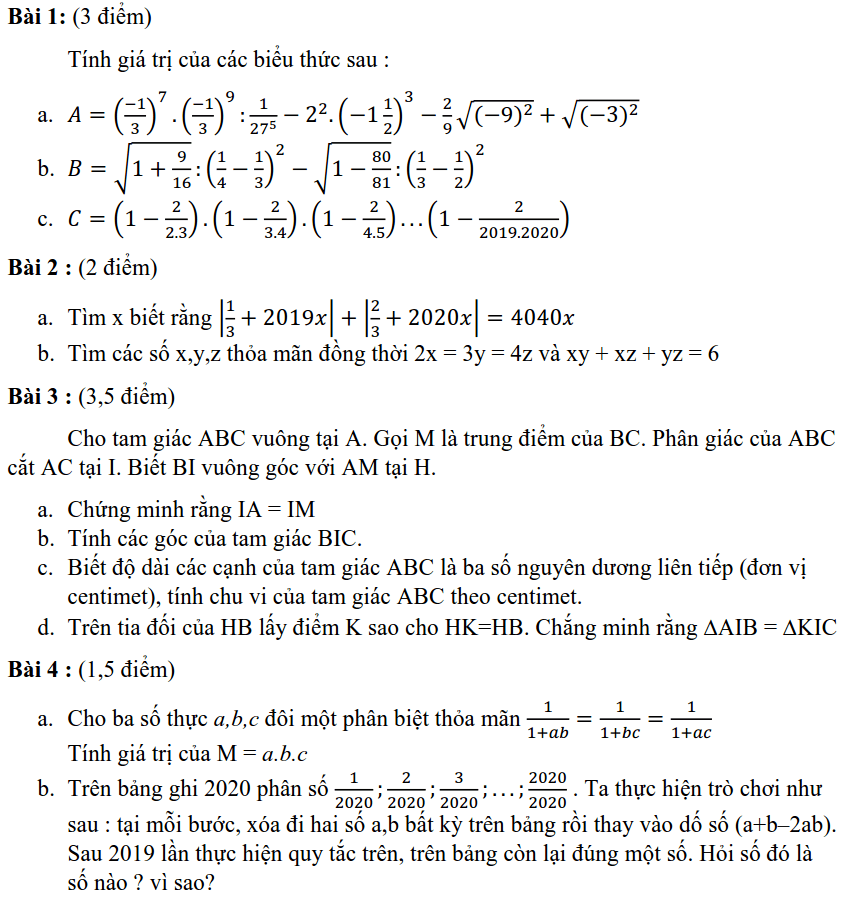 Đề kiểm tra chất lượng HK1 môn Toán 7 THPT chuyên Hà Nội – Amsterdam 2019-2020