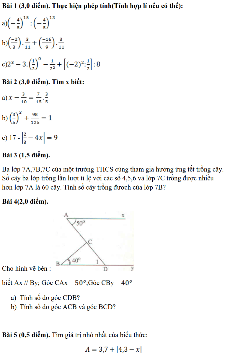 Đề kiểm tra giữa HK1 môn Toán 7 THCS Tứ Liên 2019-2020