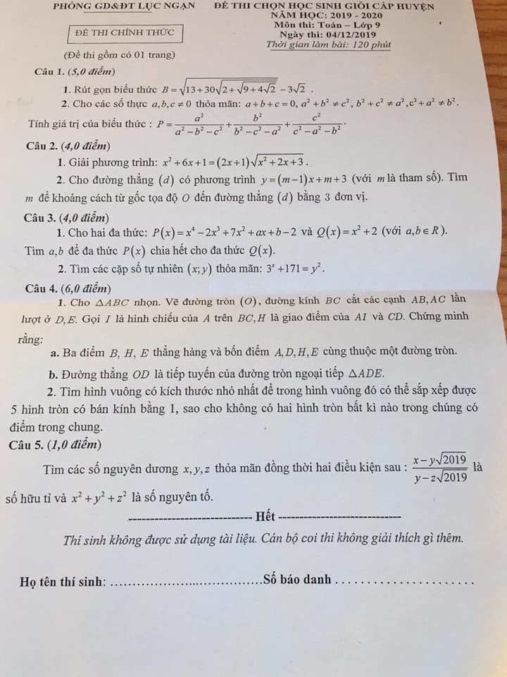 Đề thi HSG Toán 9 cấp huyện Lục Ngạn 2019-2020