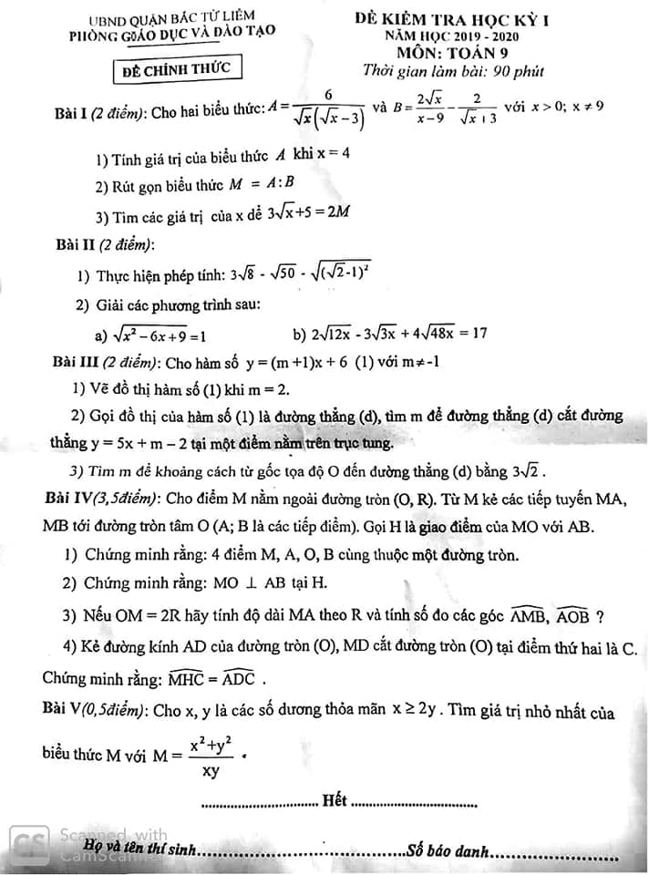 Đề thi HK1 môn Toán 9 quận Bắc Từ Liêm 2019-2020