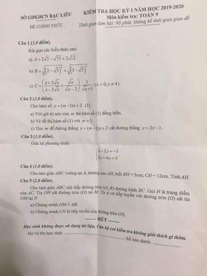 Đề kiểm tra HK1 môn Toán 9 tỉnh Bạc Liêu 2019-2020