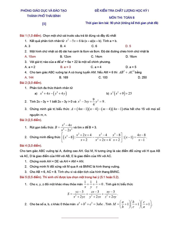 Đề kiểm tra chất lượng HK1 môn Toán 8 TP Thái Bình 2019-2020