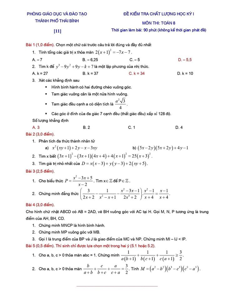 Đề kiểm tra chất lượng HK1 môn Toán 8 TP Thái Bình 2019-2020