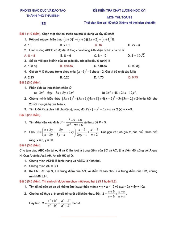 Đề kiểm tra chất lượng HK1 môn Toán 8 TP Thái Bình 2019-2020