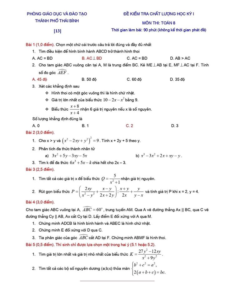 Đề kiểm tra chất lượng HK1 môn Toán 8 TP Thái Bình 2019-2020