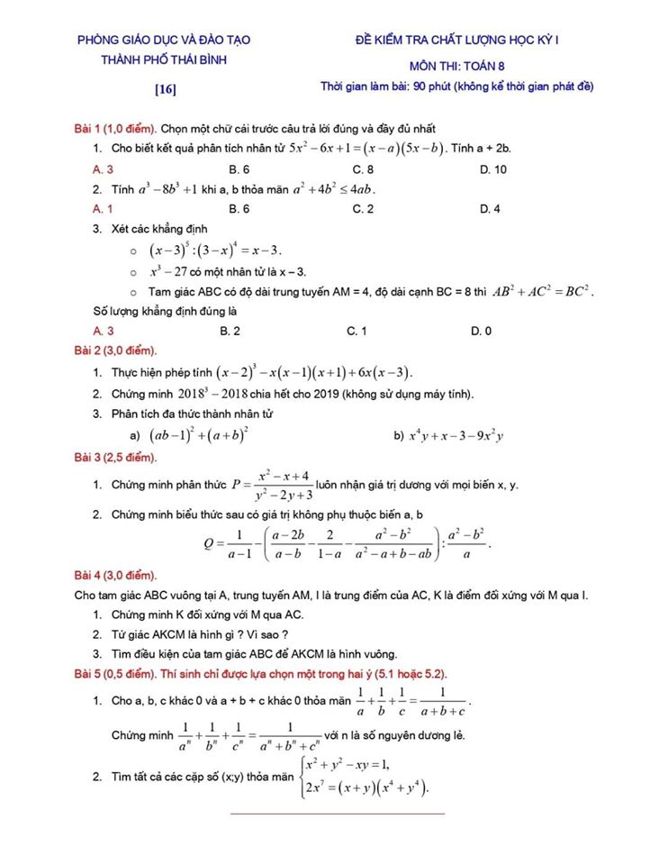 Đề kiểm tra chất lượng HK1 môn Toán 8 TP Thái Bình 2019-2020