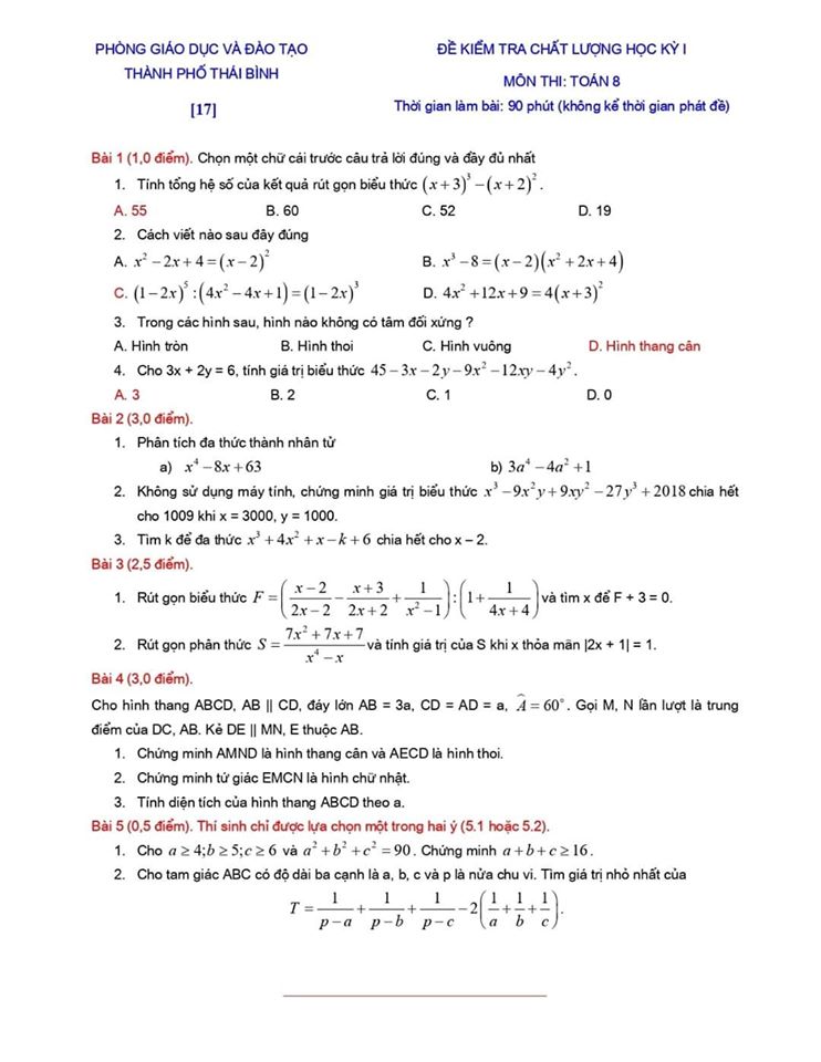 Đề kiểm tra chất lượng HK1 môn Toán 8 TP Thái Bình 2019-2020