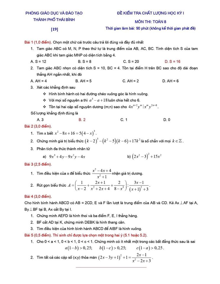 Đề kiểm tra chất lượng HK1 môn Toán 8 TP Thái Bình 2019-2020