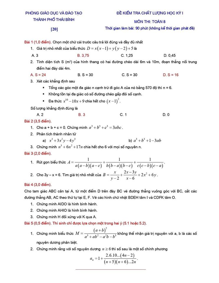 Đề kiểm tra chất lượng HK1 môn Toán 8 TP Thái Bình 2019-2020