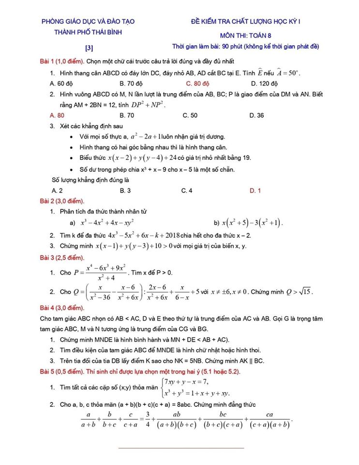 Đề kiểm tra chất lượng HK1 môn Toán 8 TP Thái Bình 2019-2020
