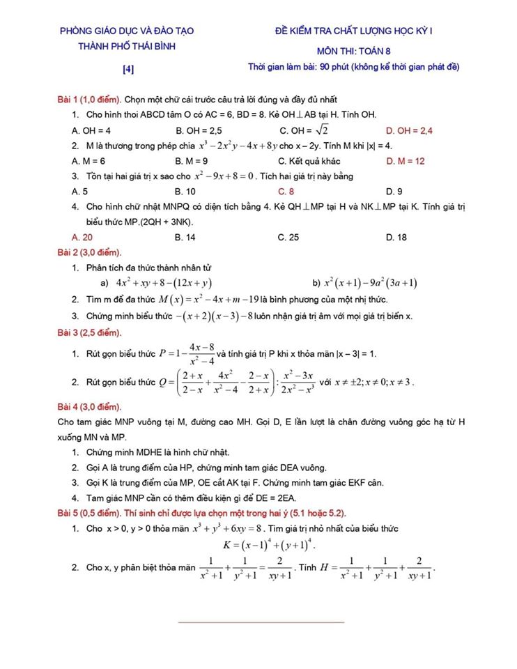 Đề kiểm tra chất lượng HK1 môn Toán 8 TP Thái Bình 2019-2020