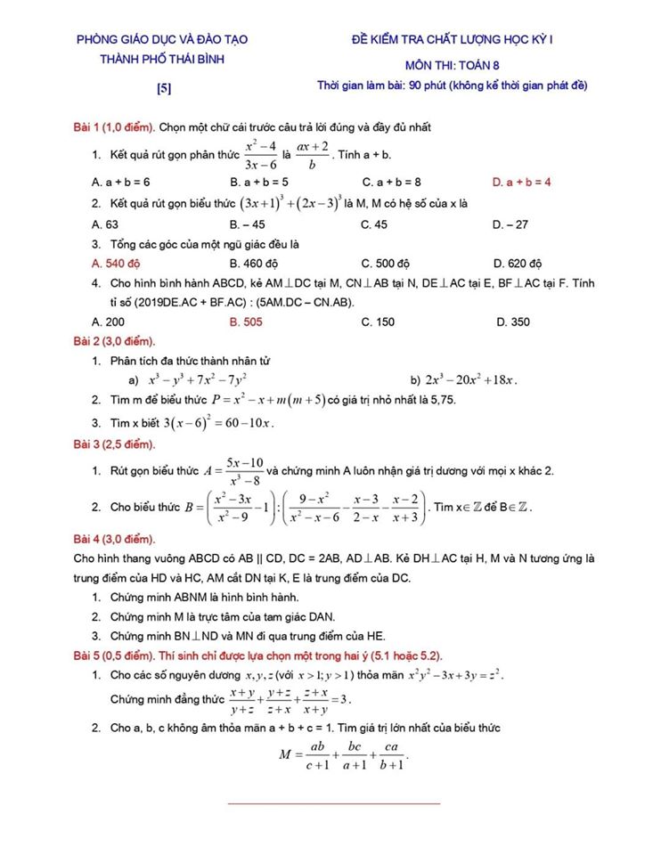 Đề kiểm tra chất lượng HK1 môn Toán 8 TP Thái Bình 2019-2020