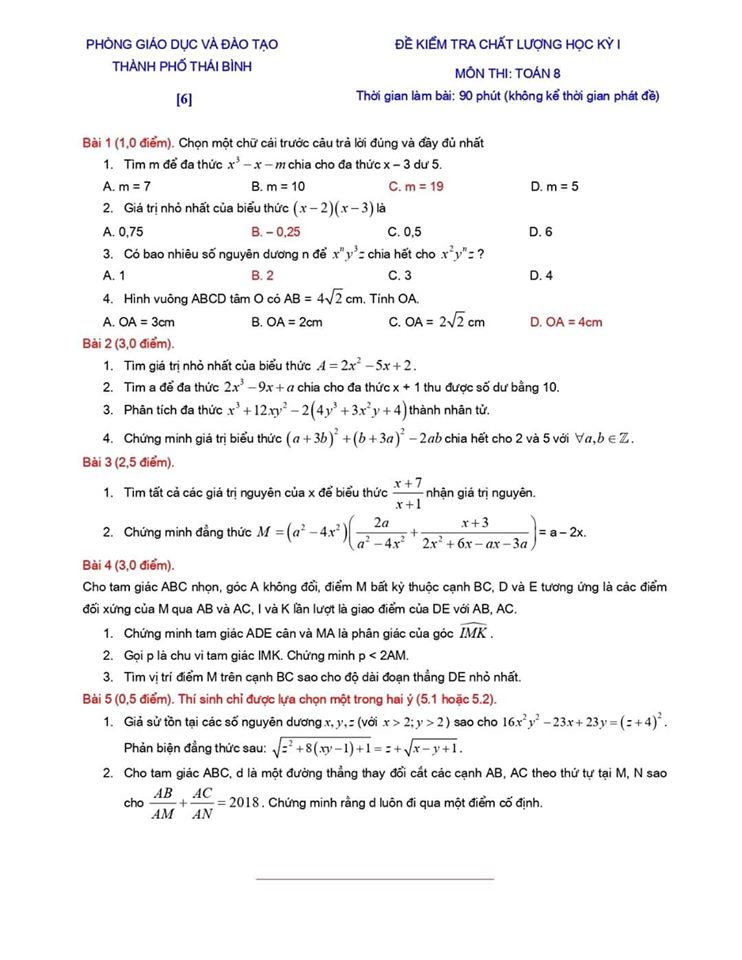 Đề kiểm tra chất lượng HK1 môn Toán 8 TP Thái Bình 2019-2020