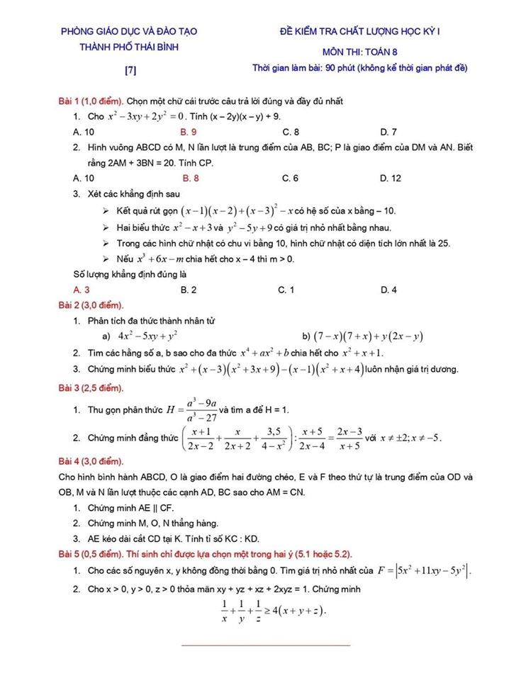 Đề kiểm tra chất lượng HK1 môn Toán 8 TP Thái Bình 2019-2020