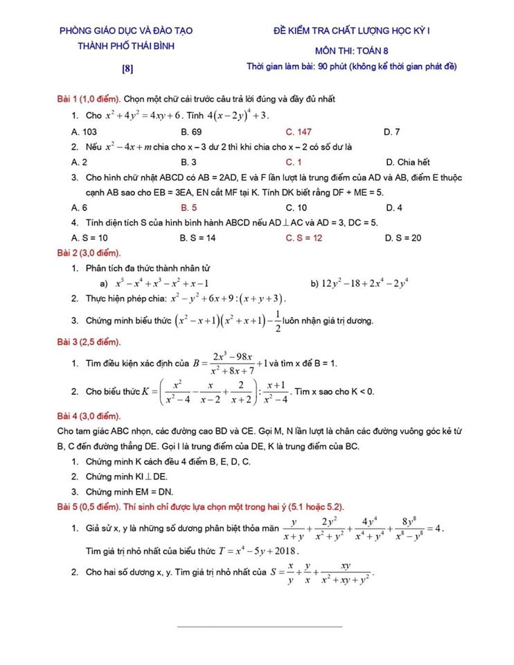 Đề kiểm tra chất lượng HK1 môn Toán 8 TP Thái Bình 2019-2020