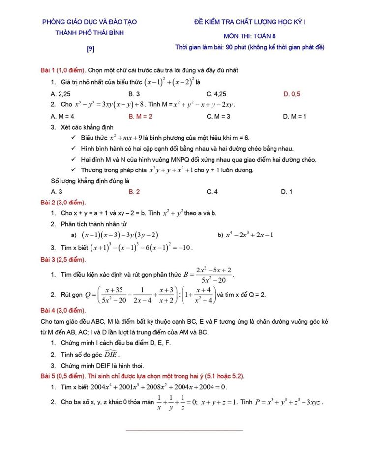 Đề kiểm tra chất lượng HK1 môn Toán 8 TP Thái Bình 2019-2020