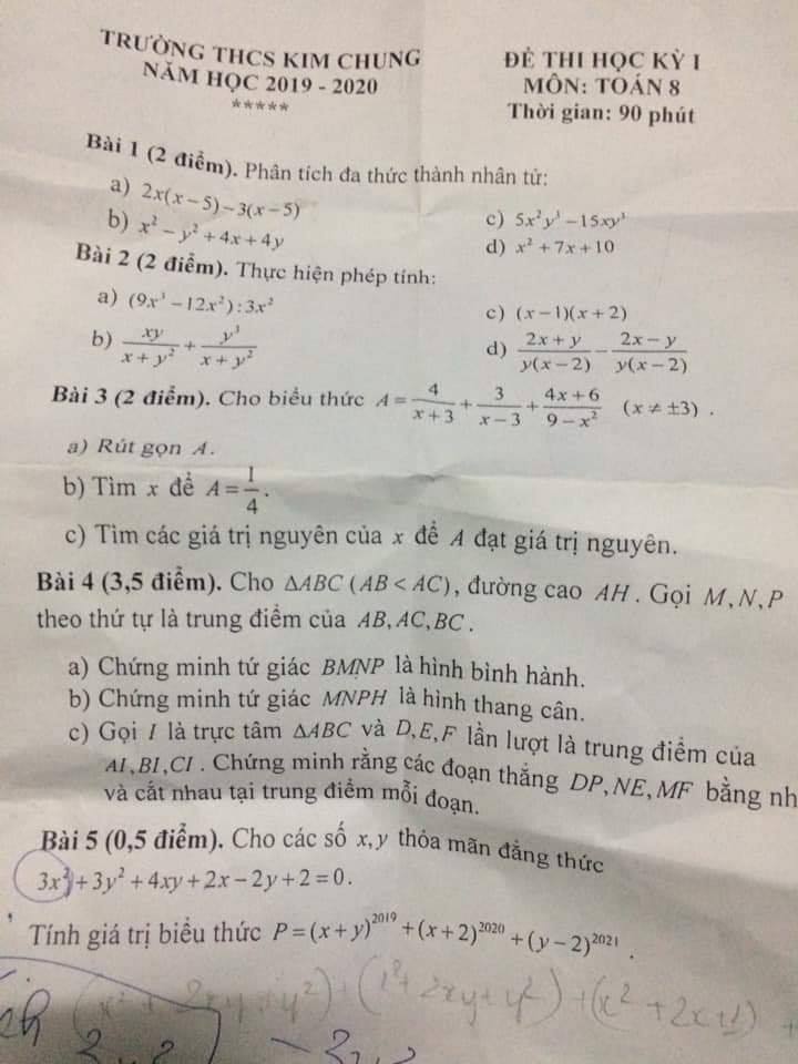 Đề kiểm tra HK1 môn Toán 8 THCS Kim Chung 2019-2020