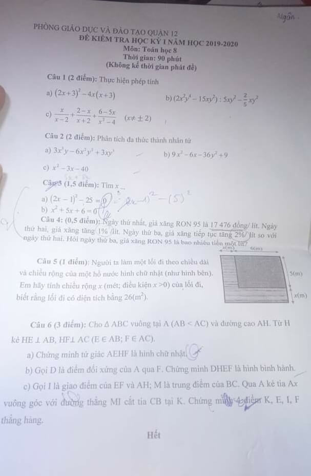 Đề kiểm tra HK1 môn Toán 8 quận 12 năm 2019-2020