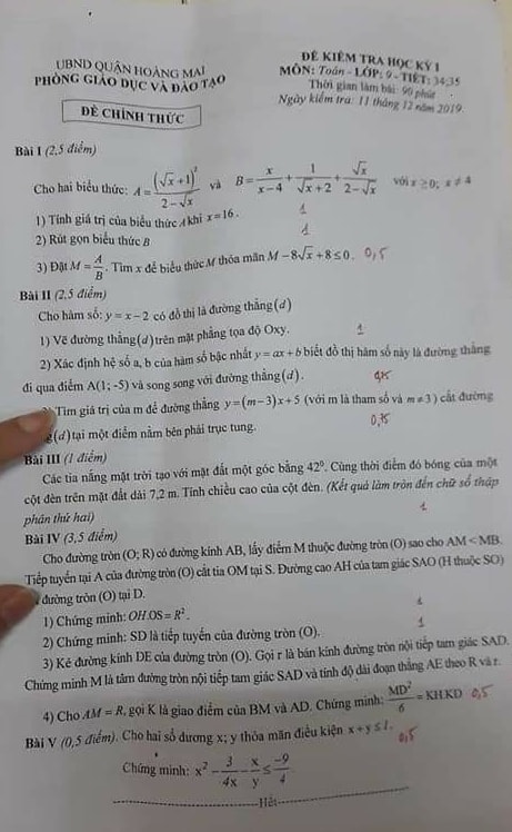 Đề kiểm tra HK1 môn Toán 9 quận Hoàng Mai năm 2019-2020 có đáp án