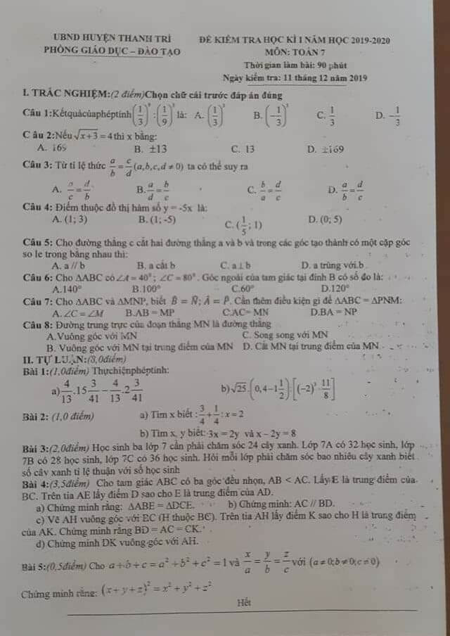 Đề kiểm tra HK1 môn Toán 7 huyện Thanh Trì 2019-2020