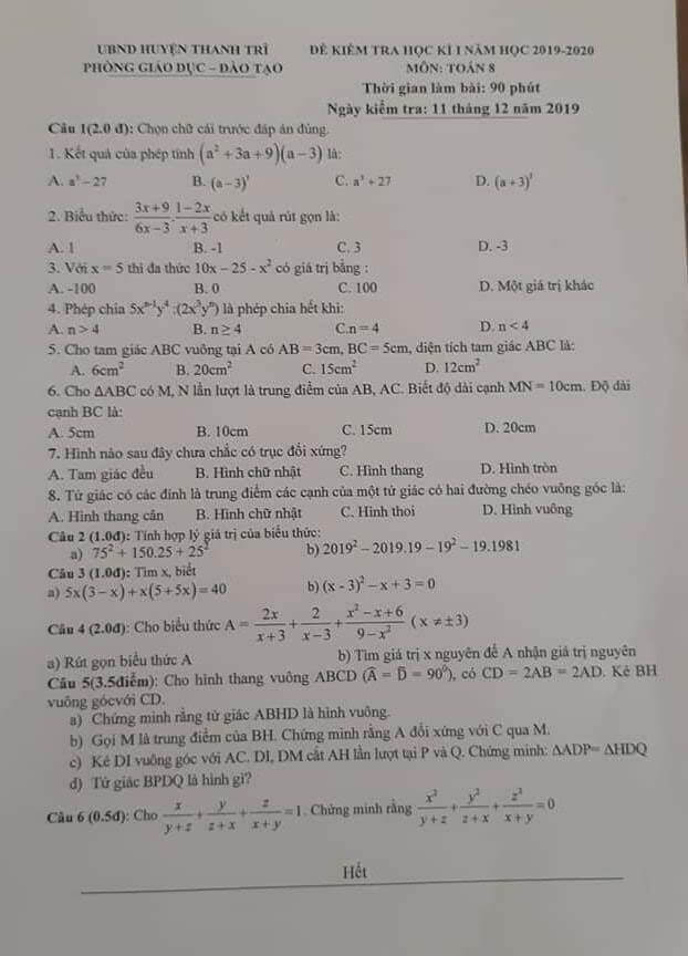 Đề kiểm tra HK1 môn Toán 8 huyện Thanh Trì 2019-2020