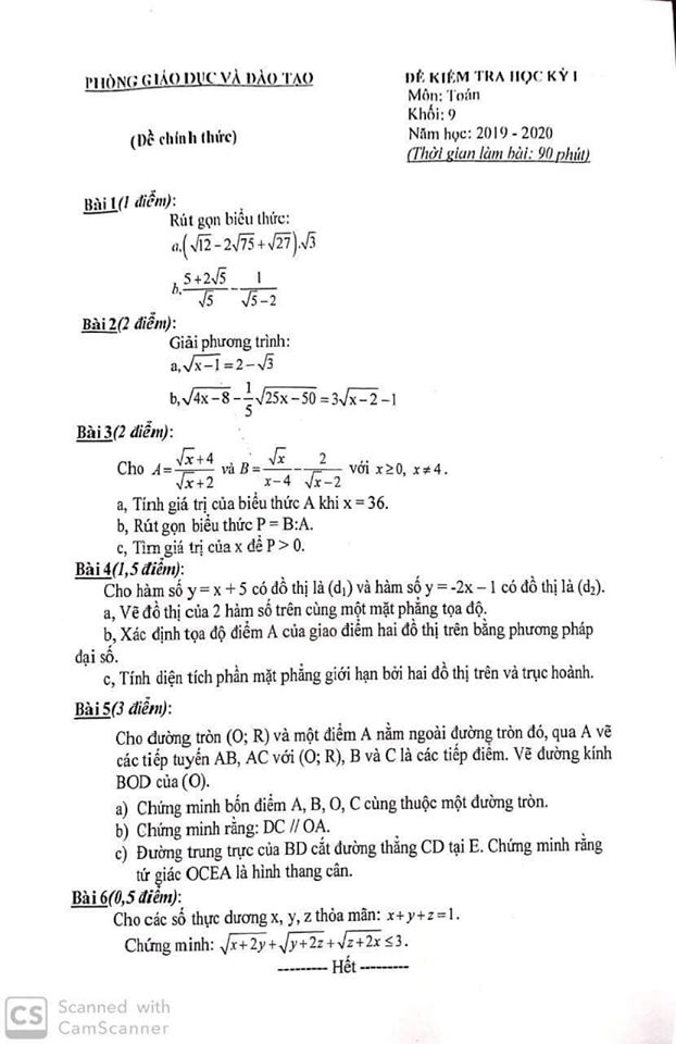 Đề kiểm tra HK1 môn Toán 9 huyện Đông Anh 2019-2020 có đáp án