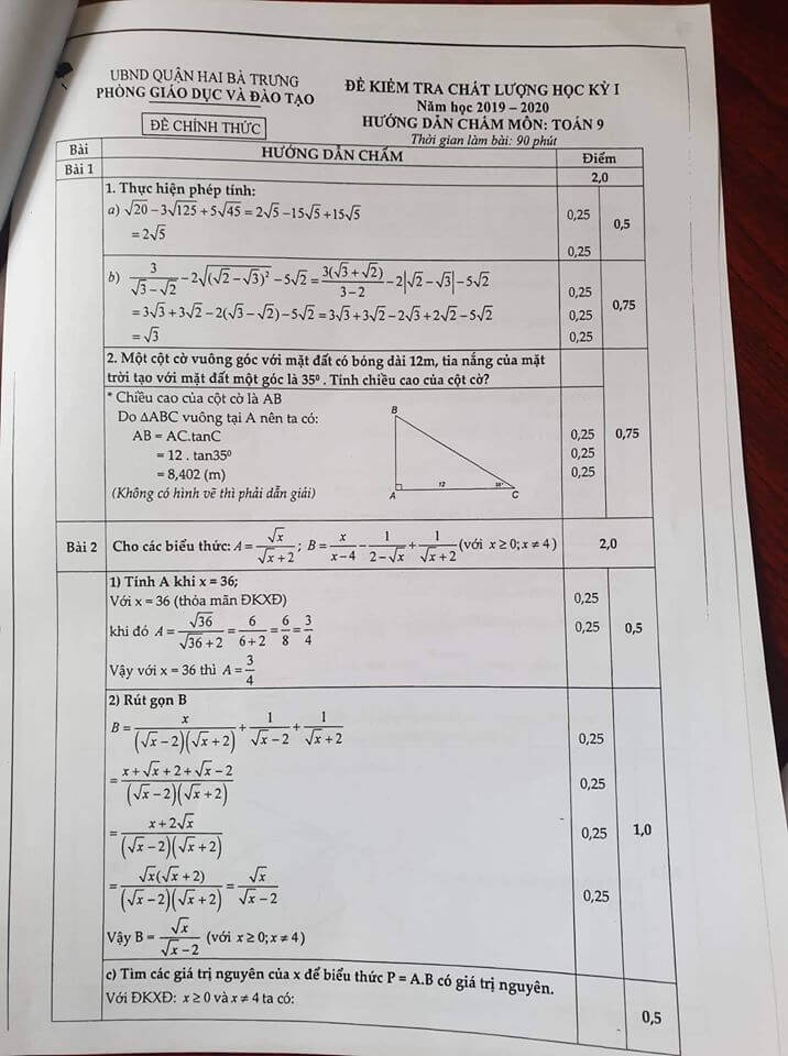 Đề kiểm tra HK1 môn Toán 9 quận Hai Bà Trưng 2019-2020 có đáp án