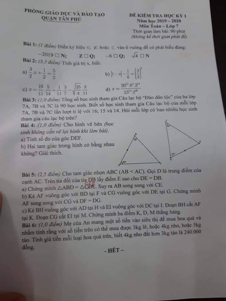 Đề kiểm tra HK1 môn Toán 7 quận Tân Phú 2019-2020