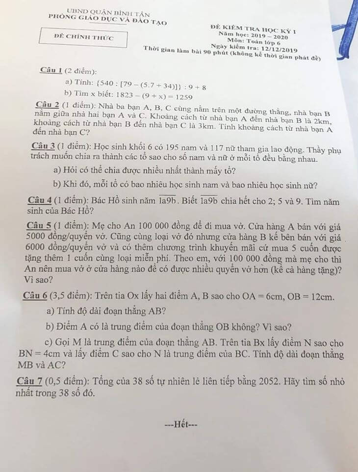 Đề kiểm tra HK1 môn Toán 6 quận Bình Tân 2019-2020