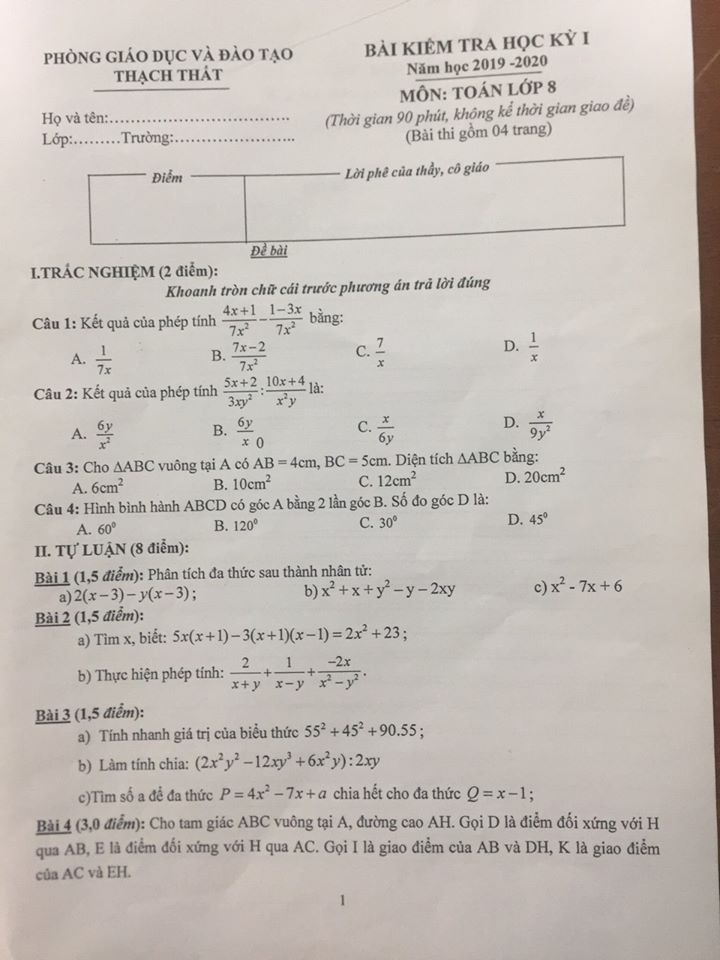 Đề kiểm tra HK1 môn Toán 8 huyện Thạch Thất 2019-2020 có đáp án