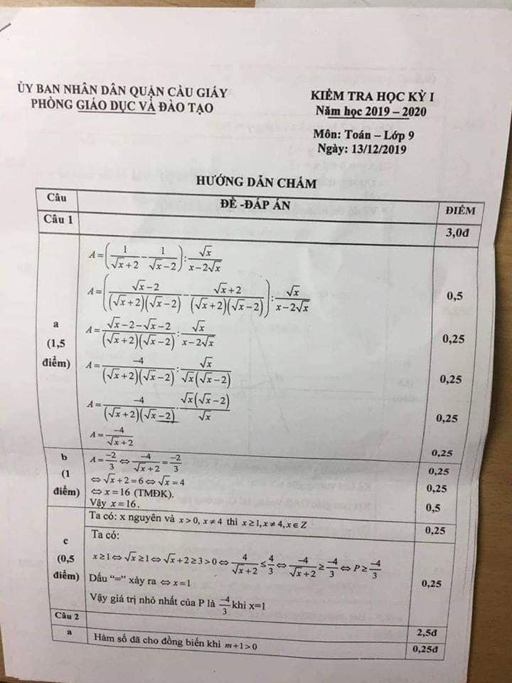 Đề kiểm tra HK1 môn Toán 9 quận Cầu Giấy 2019-2020 có đáp án