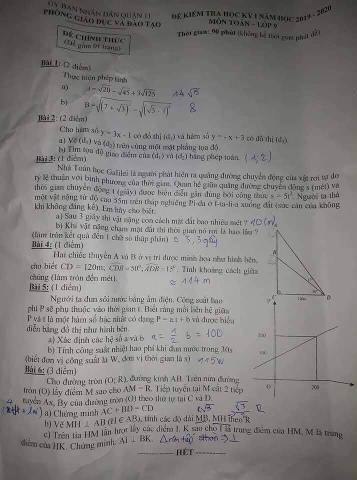 Đề kiểm tra HK1 môn Toán 9 quận 11 năm 2019-2020