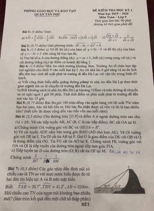 Đề kiểm tra HK1 môn Toán 9 quận Tân Phú 2019-2020