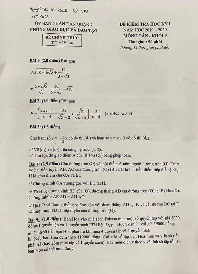 Đề kiểm tra HK1 môn Toán 9 quận 7 năm 2019-2020