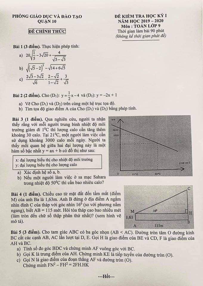 Đề kiểm tra HK1 môn Toán 9 quận 10 năm 2019-2020