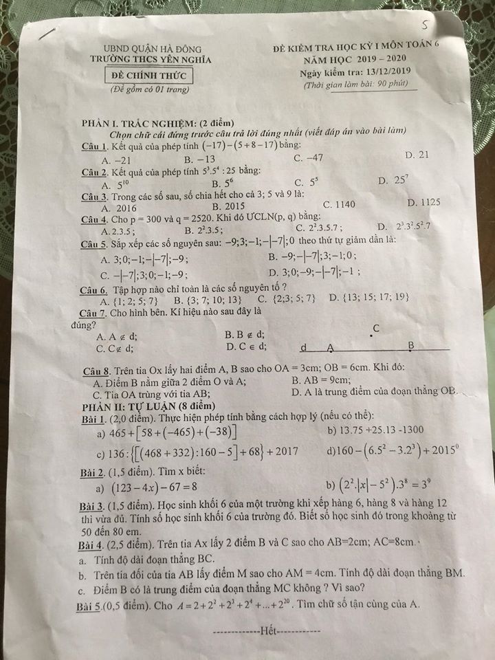 Đề kiểm tra HK1 môn Toán 6 THCS Yên Nghĩa 2019-2020