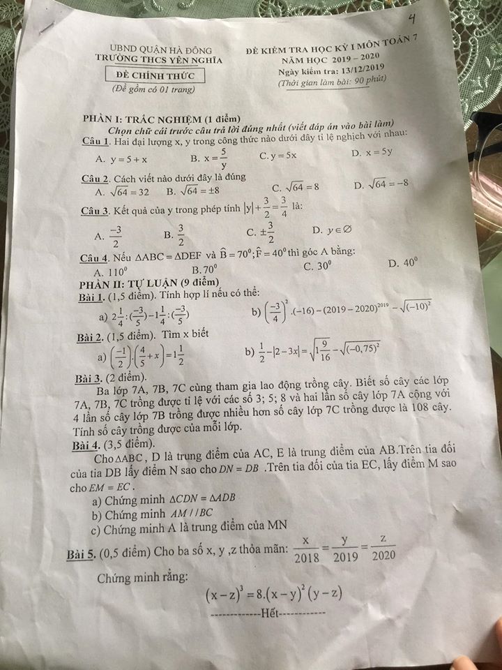 Đề kiểm tra HK1 môn Toán 7 THCS Yên Nghĩa 2019-2020